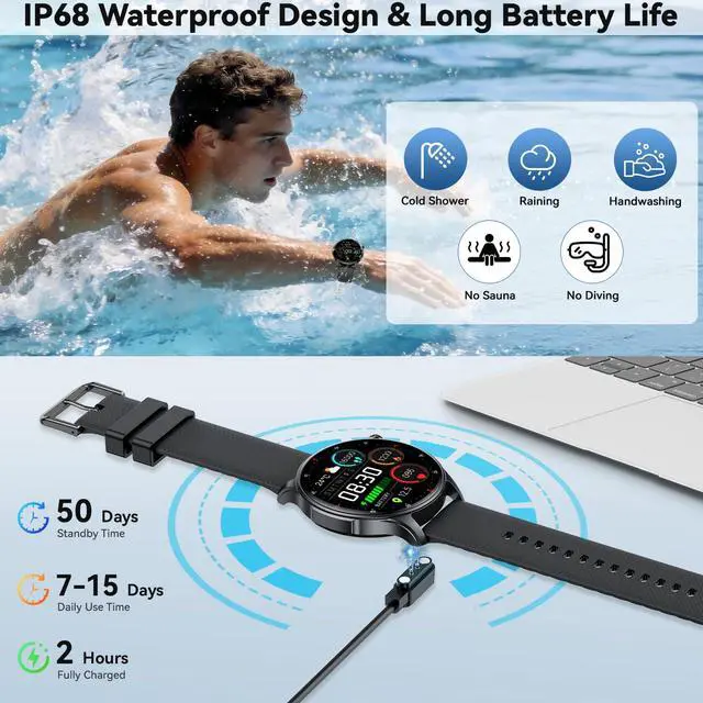 Alt view image 6 of 7 - Smart Watch for Men Women Answer/Make Call: Military Smart Watches for Men Fitness Tracker Smartwatch for Android Phones iPhone Compatible Samsung Watches Heart Rate Sleep Monitor IP68 Waterproof