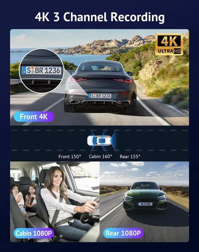 Alt view image 2 of 7 - 3 Channel Dash Cam 4K+1080P+1080P HD Triple Dashcam with 5G WiFi, 3" IPS Touch Screen, Front and Rear Inside Loop Recording Car Camera with 128G Micro SD Card, Built-in GPS, IR Night Vision