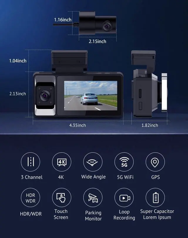Alt view image 4 of 7 - 3 Channel Dash Cam 4K+1080P+1080P HD Triple Dashcam with 5G WiFi, 3" IPS Touch Screen, Front and Rear Inside Loop Recording Car Camera with 128G Micro SD Card, Built-in GPS, IR Night Vision