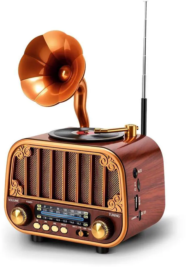 Main image of Retro Portable AM/FM/SW Radio with Bluetooth Turntable-Styled Wooden Design, USB-C Rechargeable, TF Card & AUX Input, Great Gift for Seniors & Parents