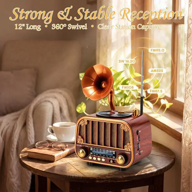 Alt view image 2 of 6 - Retro Portable AM/FM/SW Radio with Bluetooth Turntable-Styled Wooden Design, USB-C Rechargeable, TF Card & AUX Input, Great Gift for Seniors & Parents