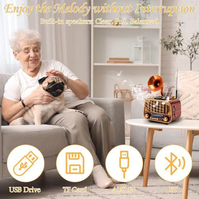 Alt view image 3 of 6 - Retro Portable AM/FM/SW Radio with Bluetooth Turntable-Styled Wooden Design, USB-C Rechargeable, TF Card & AUX Input, Great Gift for Seniors & Parents
