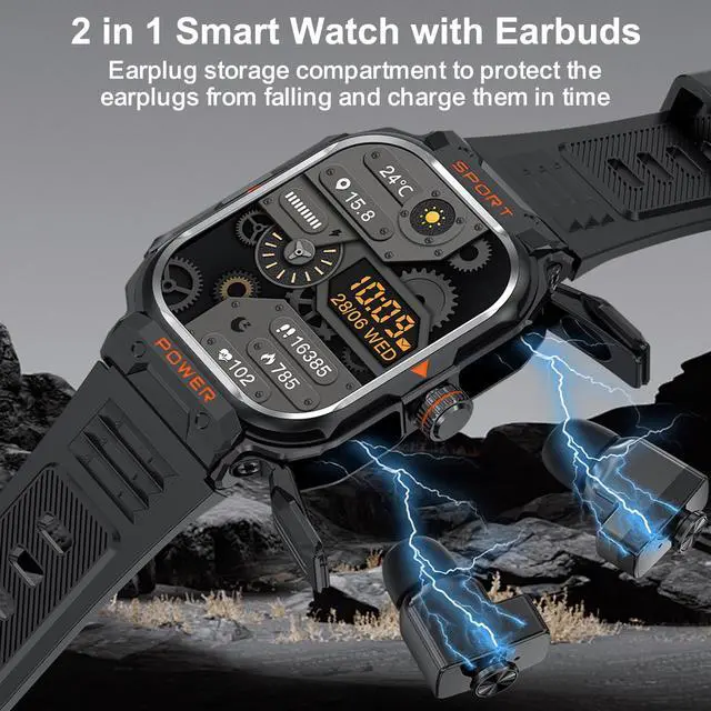 Alt view image 2 of 7 - Smart Watch with Earbuds for Men, 2.01" HD Screen Military Watch, Answer/Make Calls, Sports Fitness Trackers with Heart Rate, Blood Oxygen, Sleep Monitor, Perfect for Men Dad Husband