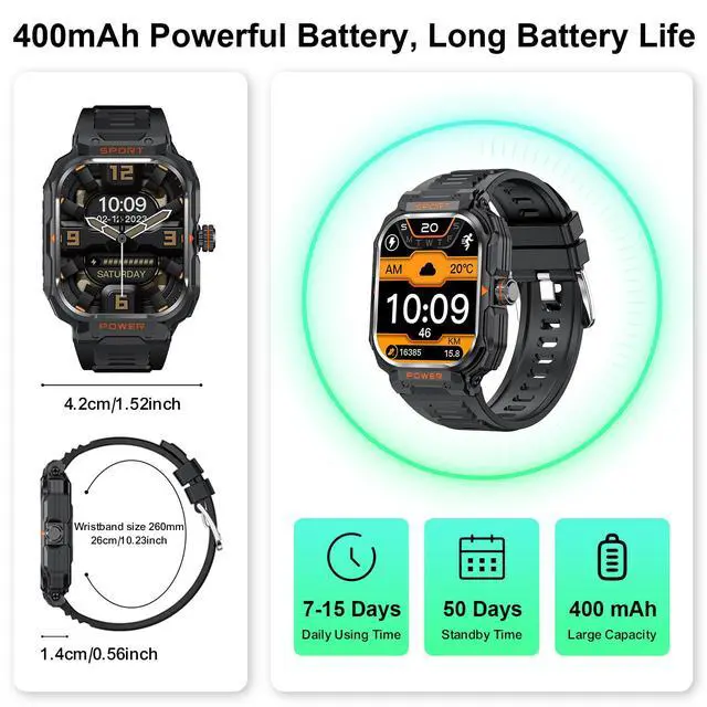 Alt view image 7 of 7 - Smart Watch with Earbuds for Men, 2.01" HD Screen Military Watch, Answer/Make Calls, Sports Fitness Trackers with Heart Rate, Blood Oxygen, Sleep Monitor, Perfect for Men Dad Husband