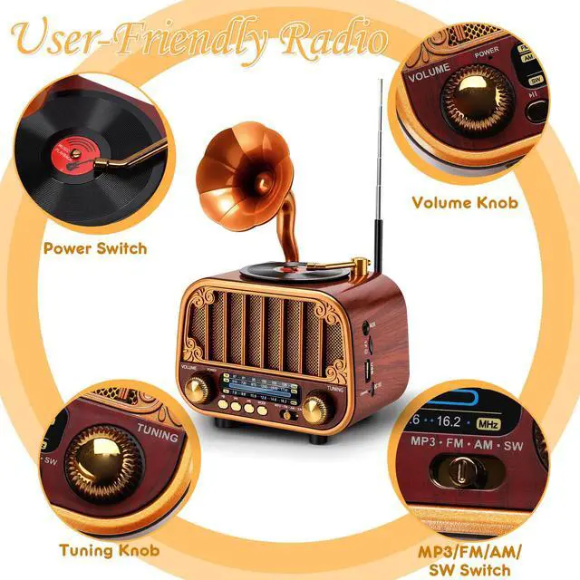 Alt view image 4 of 6 - Retro Portable AM/FM/SW Radio with Bluetooth Turntable-Styled Wooden Design, USB-C Rechargeable, TF Card & AUX Input, Great Gift for Seniors & Parents