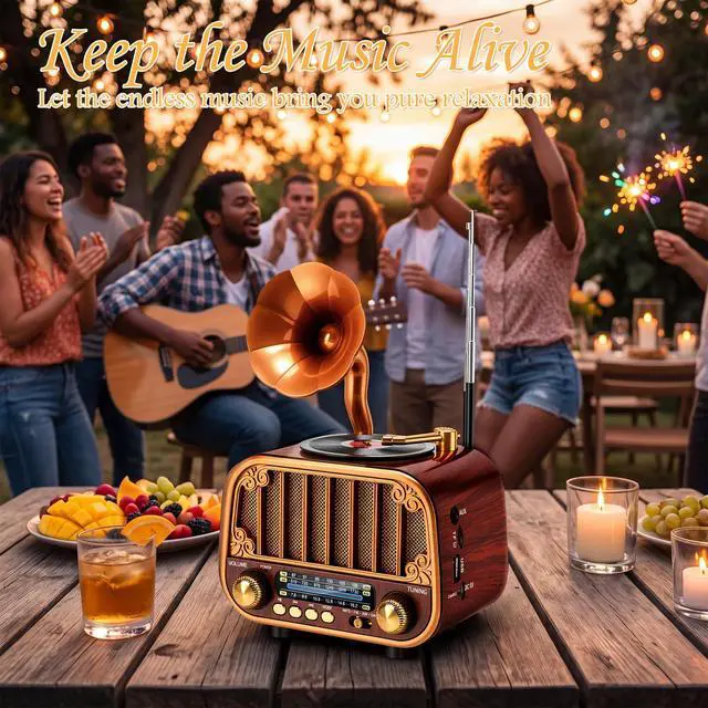 Alt view image 5 of 6 - Retro Portable AM/FM/SW Radio with Bluetooth Turntable-Styled Wooden Design, USB-C Rechargeable, TF Card & AUX Input, Great Gift for Seniors & Parents