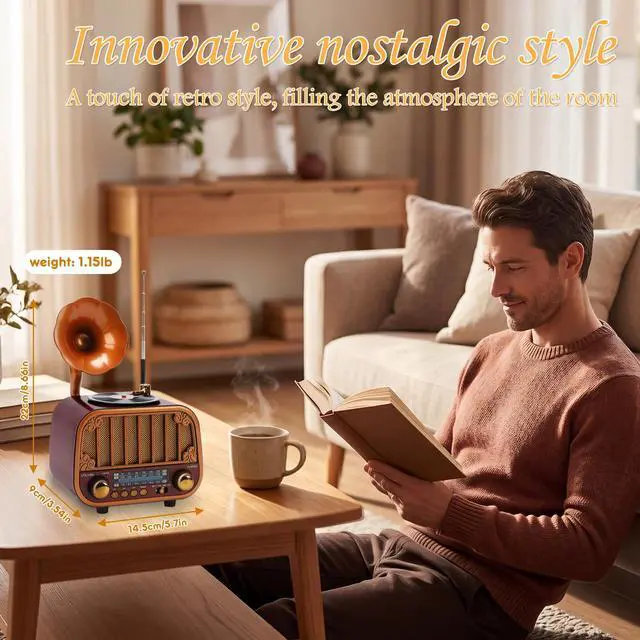 Alt view image 6 of 6 - Retro Portable AM/FM/SW Radio with Bluetooth Turntable-Styled Wooden Design, USB-C Rechargeable, TF Card & AUX Input, Great Gift for Seniors & Parents