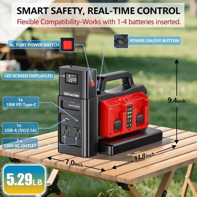 Alt view image 5 of 7 - 500W Pure Sine Wave Power Inverter for Milwaukee M18 18V Battery, 4-Ports DC 18V to AC(2 Outlets) 120V Car Charger Plug Inverter Adapter Converter for Camping, Emergencies(Tool Only)