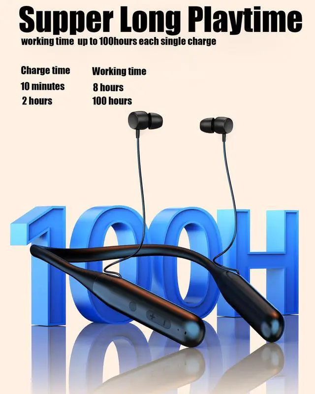 Alt view image 3 of 7 - Wireless Bluetooth Neckband Earbuds,Wrap Around the Neck In-ear Headphone,100 Hours Long Battery Playtime Headset,Waterproof Sweatproof Sport Earphone Over Neck For Work out Travel Office Use (Black)