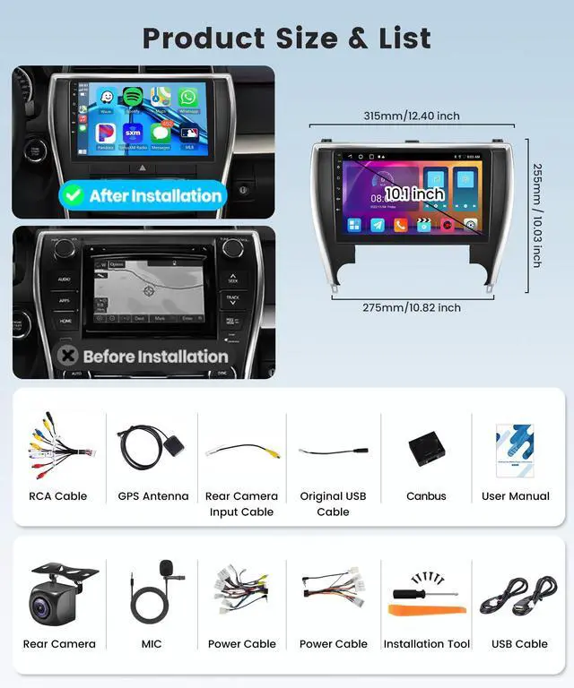 Alt view image 6 of 6 - 4Core 2G+64G Android 15 Car Stereo Radio for Toyota Camry 2015 2016 2017, Wireless Carplay Android Auto GPS Navigation WiFi 10.1 Inch Touch Screen Car Radio with Bluetooth FM EQ Backup Camera