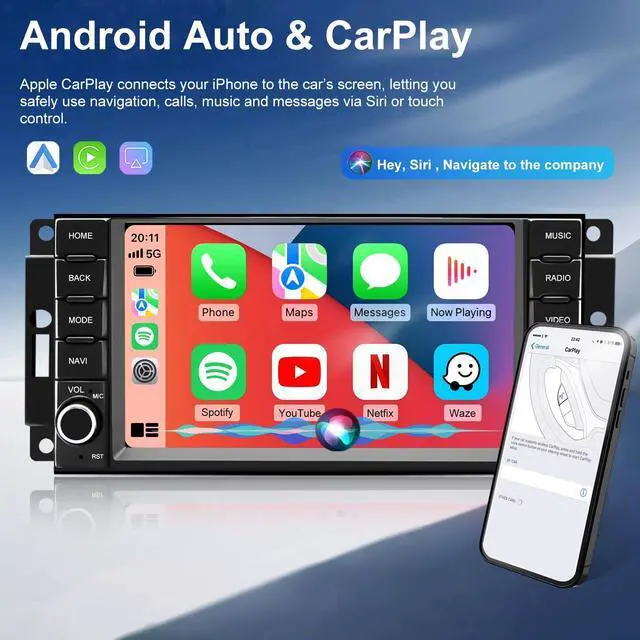 Alt view image 4 of 7 - Upgrade Radio for Dodge Challenger 2008-2014, Grand Caravan 2008-2020, Ram 2009-2012, Chrysler Town & Country 20082016, 7 Inch Touchscreen Car Stereo with Carplay Android Auto GPS 5GWiFi BT FM Camera