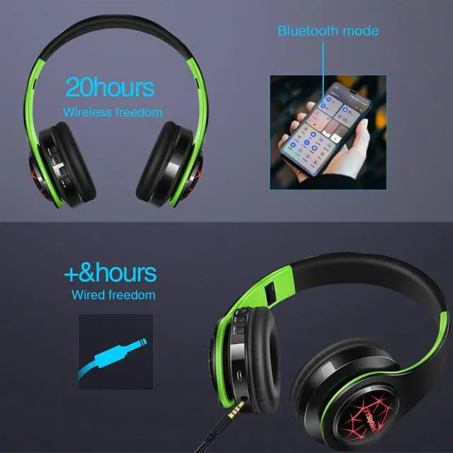 Alt view image 6 of 7 - Bluetooth Headphones, Chat- Comfortable Over Ear Stereo Headphones,7 Breathing Led Lights up, Wireless Headset for Adult Teen Kid for Phone/Samsung/Pad/PC/Android/Laptop/TV (Green)