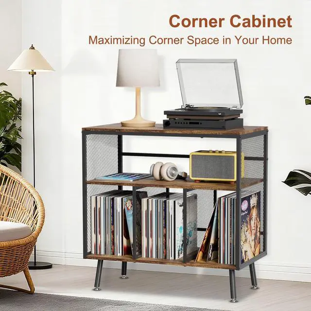 Alt view image 2 of 7 - Record Player Stand with Vinyl Storage, 3-tier Turntable Stand Holds Up to 220+ Albums, Large Record Player Table Storage Rack for Home Office