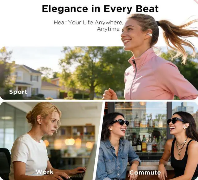 Alt view image 7 of 7 - Clip-On Open Ear Earbuds with Detachable Crystal Butterfly Earrings | Bluetooth 6.0 Wireless Headphones for Women, 60H Playtime, Comfortable Fit for Small Ears, Sports, Glasses Wearers,Rose Gold
