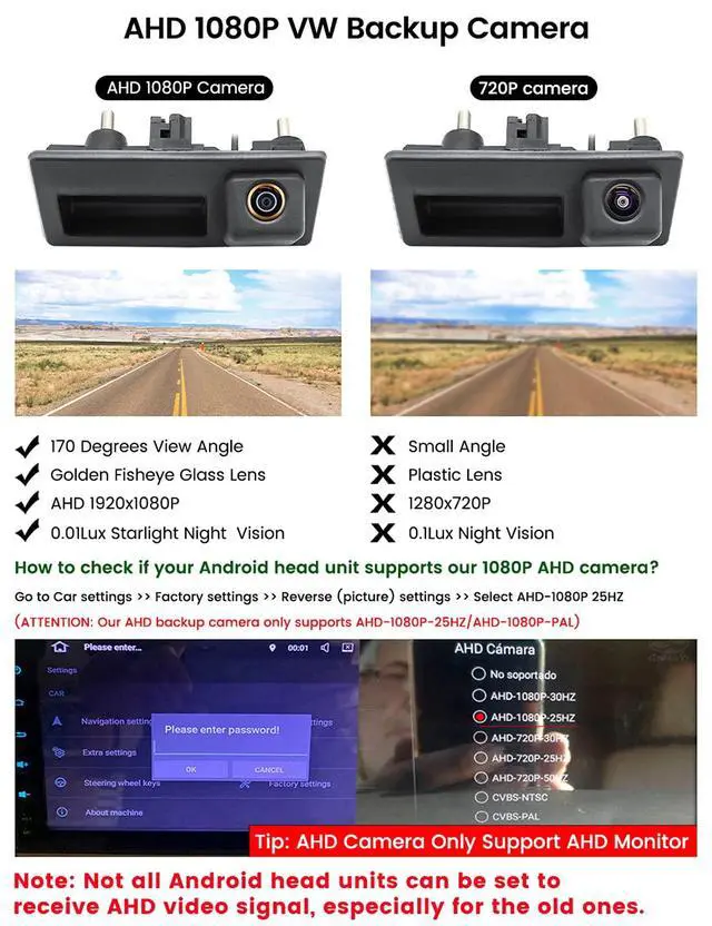 Alt view image 2 of 7 - AHD 1080P Backup Camera, Car Reverse Camera for Audi A4L A5 A3 Q3 Q5 RS6 for VW Passat Tiguan Jetta Touareg Skoda, ONLY Work with Monitor Radio Head Unit Supporting AHD 1080P Video Signal