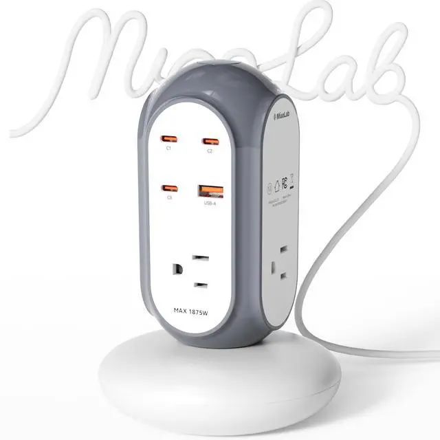 Main image of 7-in-1 100W GaN USB-C Fast Charging Power Strip Tower, Desktop Charging Station with 3 USB-C, 1 USB-A & 3 AC Outlets, 1420J Surge Protector & Overload Protection with Heavy-Duty Extension Cord