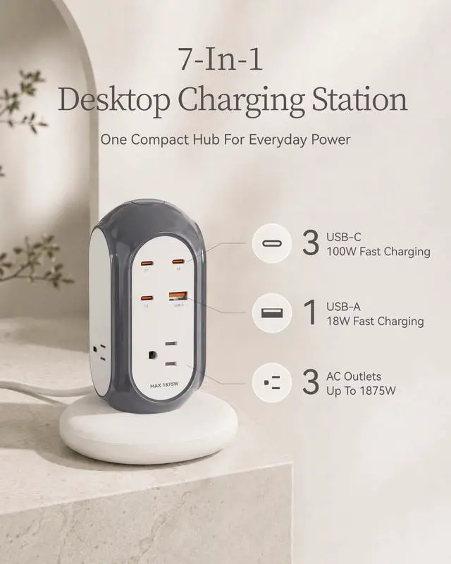 Alt view image 2 of 7 - 7-in-1 100W GaN USB-C Fast Charging Power Strip Tower, Desktop Charging Station with 3 USB-C, 1 USB-A & 3 AC Outlets, 1420J Surge Protector & Overload Protection with Heavy-Duty Extension Cord