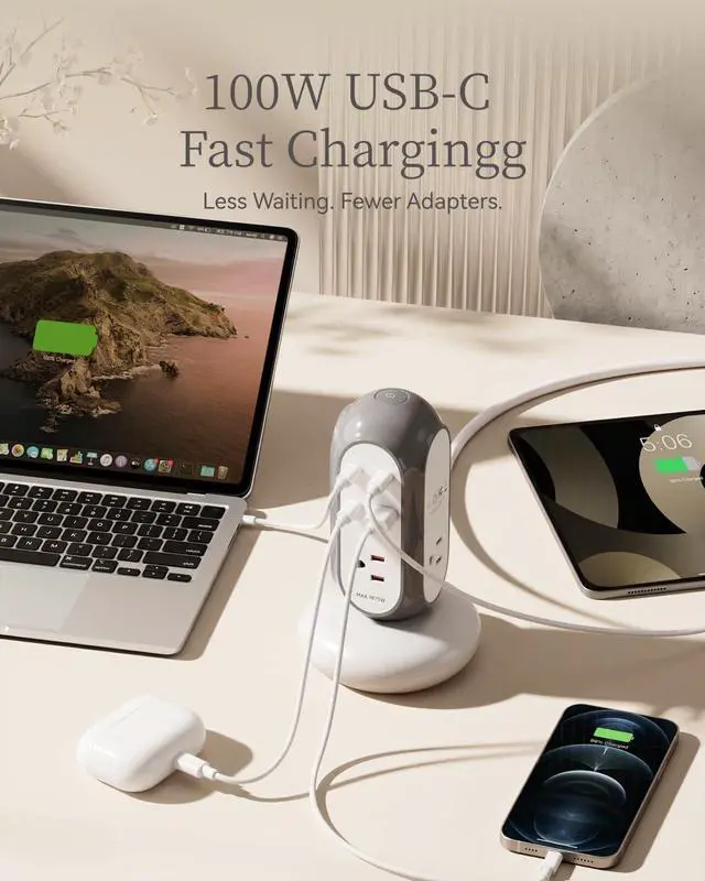 Alt view image 3 of 7 - 7-in-1 100W GaN USB-C Fast Charging Power Strip Tower, Desktop Charging Station with 3 USB-C, 1 USB-A & 3 AC Outlets, 1420J Surge Protector & Overload Protection with Heavy-Duty Extension Cord