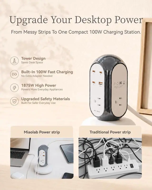Alt view image 4 of 7 - 7-in-1 100W GaN USB-C Fast Charging Power Strip Tower, Desktop Charging Station with 3 USB-C, 1 USB-A & 3 AC Outlets, 1420J Surge Protector & Overload Protection with Heavy-Duty Extension Cord