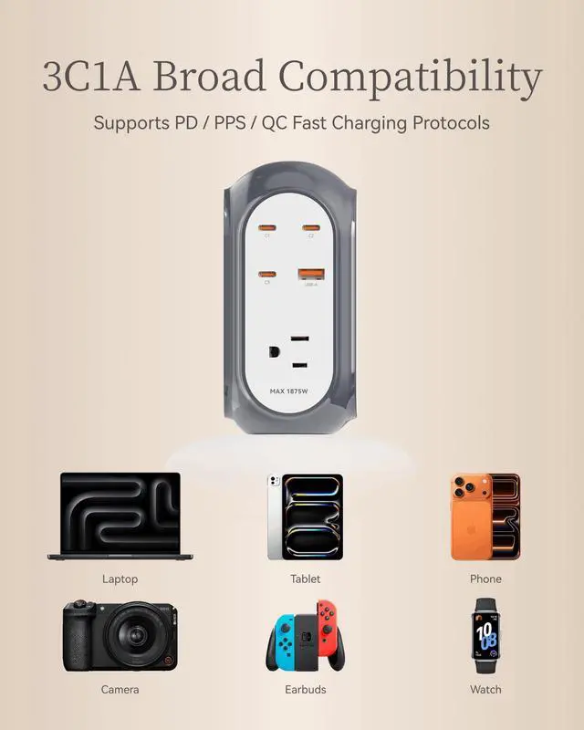 Alt view image 5 of 7 - 7-in-1 100W GaN USB-C Fast Charging Power Strip Tower, Desktop Charging Station with 3 USB-C, 1 USB-A & 3 AC Outlets, 1420J Surge Protector & Overload Protection with Heavy-Duty Extension Cord