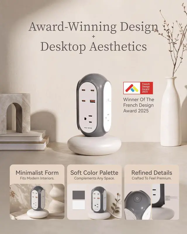 Alt view image 7 of 7 - 7-in-1 100W GaN USB-C Fast Charging Power Strip Tower, Desktop Charging Station with 3 USB-C, 1 USB-A & 3 AC Outlets, 1420J Surge Protector & Overload Protection with Heavy-Duty Extension Cord