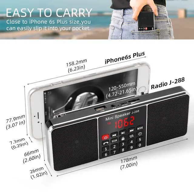 Alt view image 2 of 7 - J-288 Portable Radio AM FM Radio, Stereo Bluetooth Speaker | Sleep Timer, Power-Saving Display, Ultra-Long Antenna, AUX Input & USB Disk & TF Card MP3 Player, NO Manual Preset