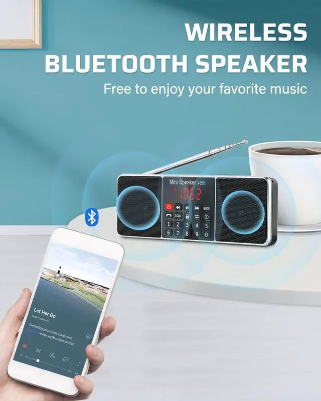 Alt view image 4 of 7 - J-288 Portable Radio AM FM Radio, Stereo Bluetooth Speaker | Sleep Timer, Power-Saving Display, Ultra-Long Antenna, AUX Input & USB Disk & TF Card MP3 Player, NO Manual Preset