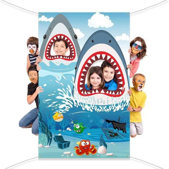 Alt view image 4 of 6 - Shark Birthday Decoration Backdrop Ocean Zone Banner Shark Party Decorations Photography Background for Boy Girl Under The Sea Theme Supplies Baby Shower Supplies 63 x 35.4"