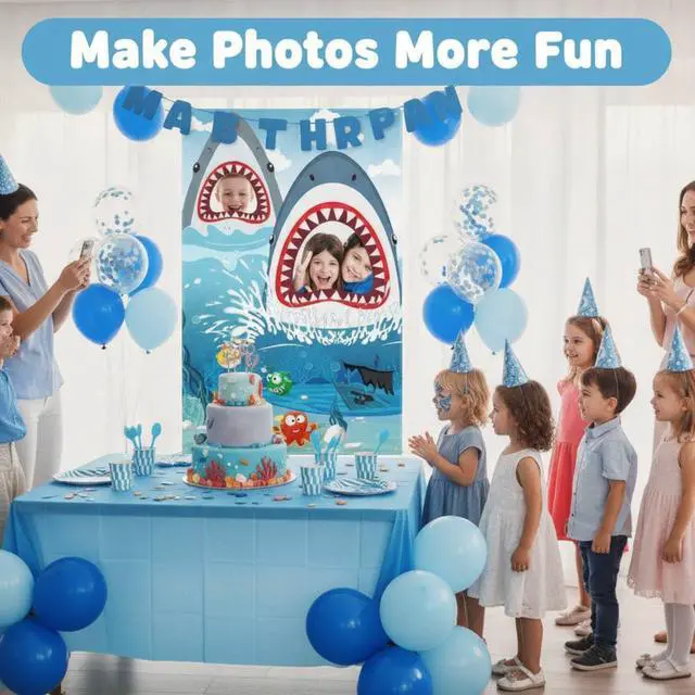 Alt view image 5 of 6 - Shark Birthday Decoration Backdrop Ocean Zone Banner Shark Party Decorations Photography Background for Boy Girl Under The Sea Theme Supplies Baby Shower Supplies 63 x 35.4"