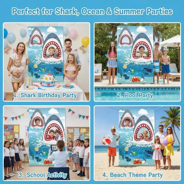 Alt view image 6 of 6 - Shark Birthday Decoration Backdrop Ocean Zone Banner Shark Party Decorations Photography Background for Boy Girl Under The Sea Theme Supplies Baby Shower Supplies 63 x 35.4"