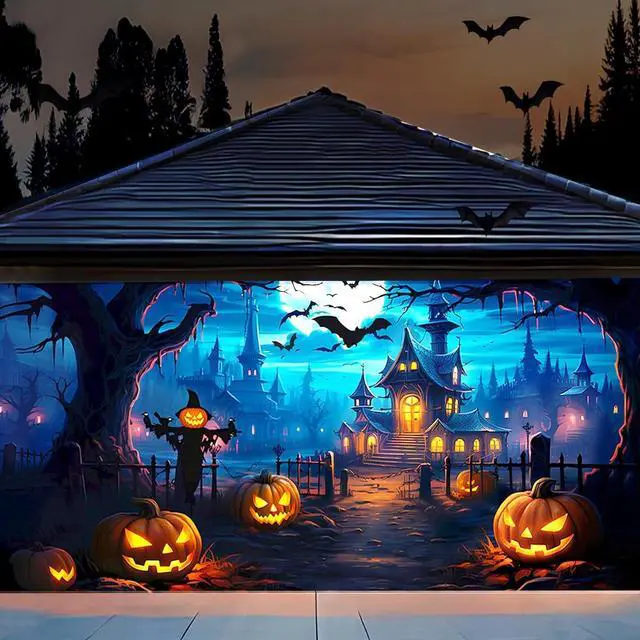 Main image of Halloween Garage Door Banner 7 x 16 Ft Extra Large Hanging Backdrop Door Cover Horror Moon Night Spooky Party Decorations Outdoor Home Yard Wall Haunted House Decor Photo Backgrounds (Blue)