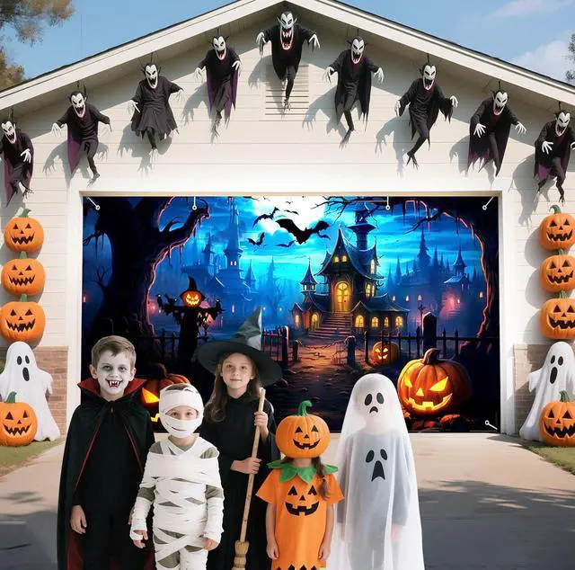 Alt view image 2 of 7 - Halloween Garage Door Banner 7 x 16 Ft Extra Large Hanging Backdrop Door Cover Horror Moon Night Spooky Party Decorations Outdoor Home Yard Wall Haunted House Decor Photo Backgrounds (Blue)