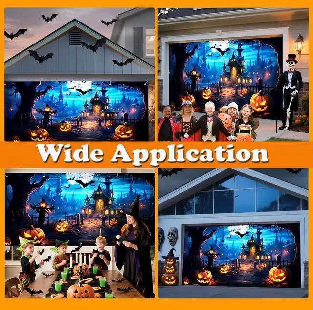 Alt view image 4 of 7 - Halloween Garage Door Banner 7 x 16 Ft Extra Large Hanging Backdrop Door Cover Horror Moon Night Spooky Party Decorations Outdoor Home Yard Wall Haunted House Decor Photo Backgrounds (Blue)