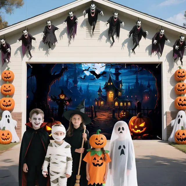 Alt view image 3 of 7 - Halloween Garage Door Banner 7 x 16 Ft Extra Large Hanging Backdrop Door Cover Horror Moon Night Spooky Party Decorations Outdoor Home Yard Wall Haunted House Decor Photo Backgrounds (Blue)