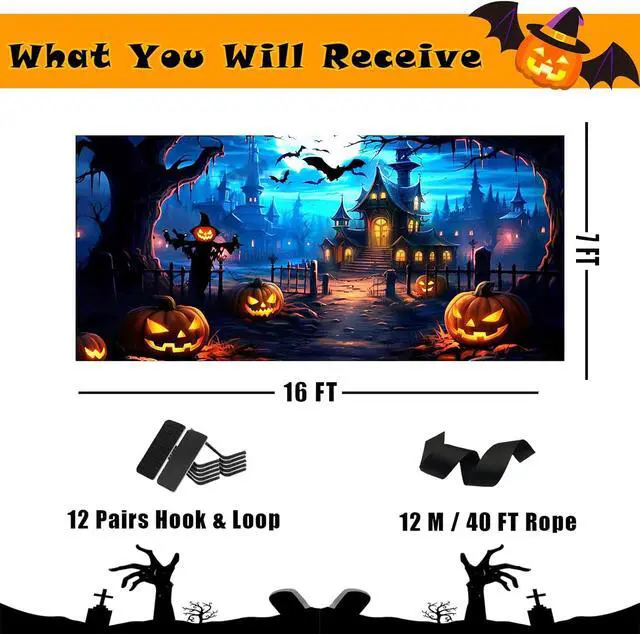 Alt view image 6 of 7 - Halloween Garage Door Banner 7 x 16 Ft Extra Large Hanging Backdrop Door Cover Horror Moon Night Spooky Party Decorations Outdoor Home Yard Wall Haunted House Decor Photo Backgrounds (Blue)