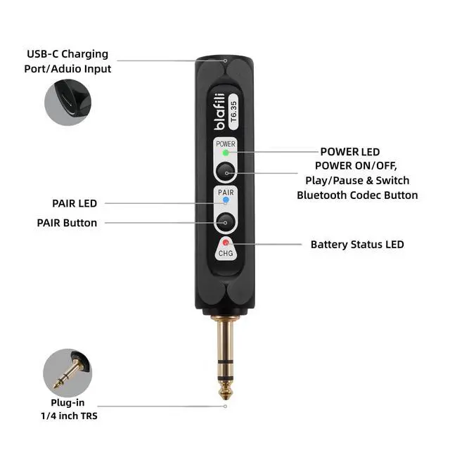 Alt view image 7 of 7 - T6.35 Bluetooth Audio Transmitter with 1/4" Input for Mixers | Sends audio to 2 Bluetooth speakers or receivers, not for live performance, monitoring, bass/guitar practice, or recording