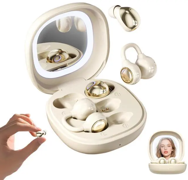 Main image of Wireless Clip-On Open Earbuds, Butterfly Earring Bluetooth Headphones with Heart-Shaped Charging Case & Makeup Mirror, 42H Playtime, Lightweight Earphones for Women, Sports, Gifts