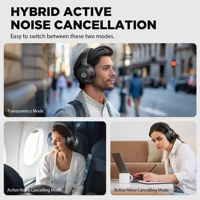 Alt view image 7 of 7 - Hybrid Active Noise Cancelling Headphones, Bluetooth Headphones Wireless Over Ear with Transparency Mode, Deep Bass, Comfort Fit Ear Cups, 40 Hrs Playtime for Travel Home Office (Black)
