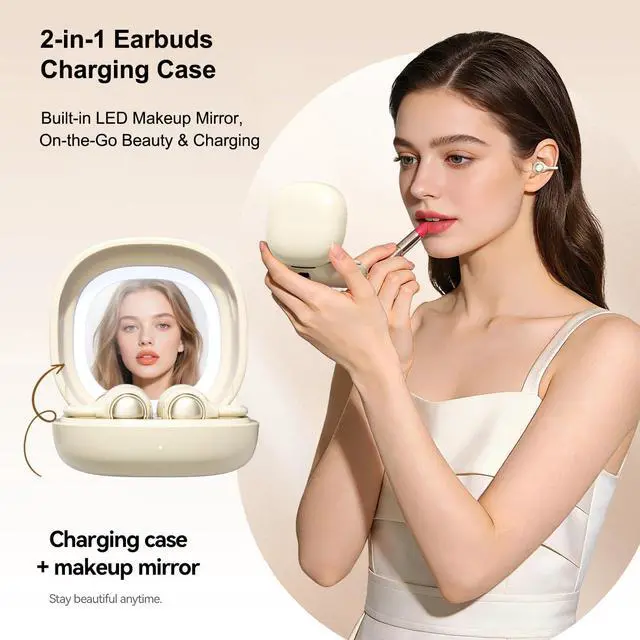 Alt view image 2 of 7 - Wireless Clip-On Open Earbuds, Butterfly Earring Bluetooth Headphones with Heart-Shaped Charging Case & Makeup Mirror, 42H Playtime, Lightweight Earphones for Women, Sports, Gifts