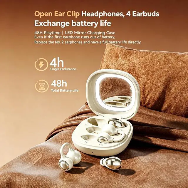 Alt view image 6 of 7 - Wireless Clip-On Open Earbuds, Butterfly Earring Bluetooth Headphones with Heart-Shaped Charging Case & Makeup Mirror, 42H Playtime, Lightweight Earphones for Women, Sports, Gifts