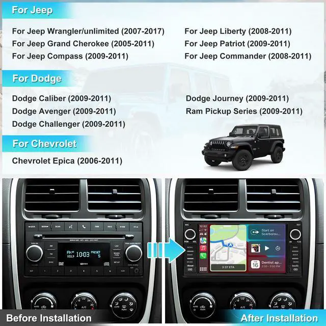 Alt view image 3 of 7 - Car Radio Stereo for Jeep Wrangler Chrysler Dodge, CarPlay/Android Auto | Android 13 7" HD Touch Screen Car Radio, HD Reversing Camera, AM/FM Radio, Bluetooth 5.0, GPS Navigation & WiFi, SWC