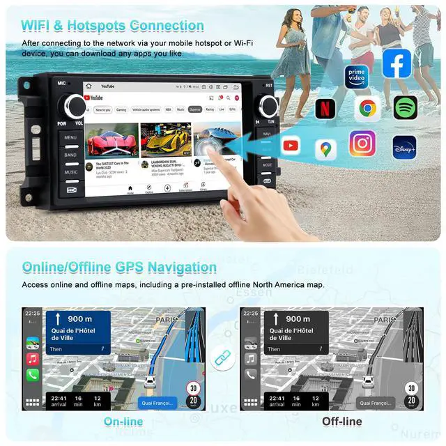 Alt view image 4 of 7 - Car Radio Stereo for Jeep Wrangler Chrysler Dodge, CarPlay/Android Auto | Android 13 7" HD Touch Screen Car Radio, HD Reversing Camera, AM/FM Radio, Bluetooth 5.0, GPS Navigation & WiFi, SWC