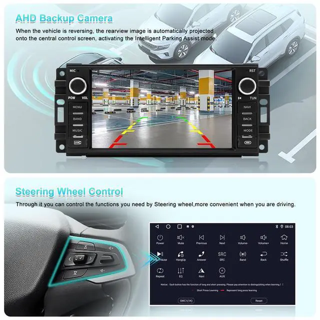 Alt view image 6 of 7 - Car Radio Stereo for Jeep Wrangler Chrysler Dodge, CarPlay/Android Auto | Android 13 7" HD Touch Screen Car Radio, HD Reversing Camera, AM/FM Radio, Bluetooth 5.0, GPS Navigation & WiFi, SWC