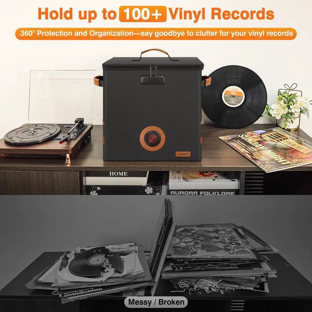 Alt view image 3 of 7 - Vintage Vinyl Record Storage Box with Lock, FireproofWater Resistant LP Record Storage Crate Holds 100+ Records, CollapsibleStackable Album Collection Display DIY Box, 7/10/12 Inch Vinyl Record Case