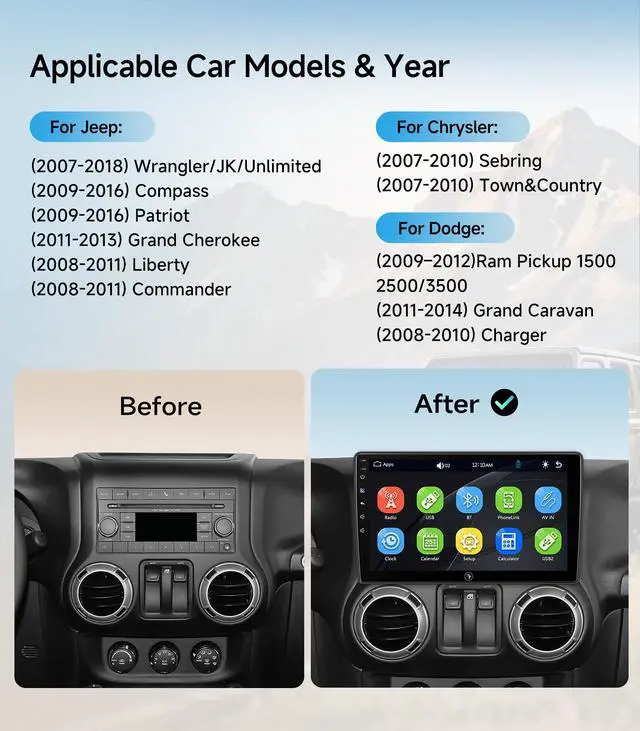 Alt view image 2 of 7 - Car Radio Stereo for Jeep Wrangler JK, Wireless CarPlay Android Auto | 10.2-inch IPS HD touchscreen, Linux operating system, Bluetooth FM AM SWC, plug-and-play, 1080P backup camera