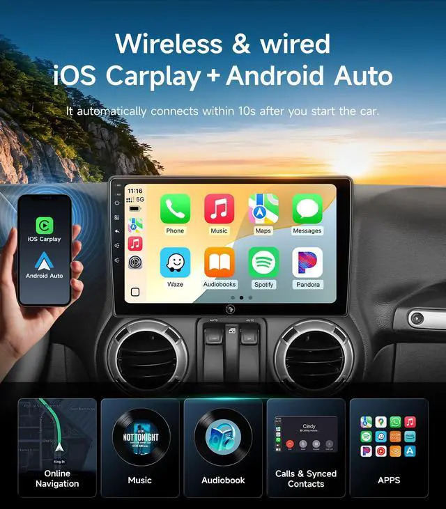 Alt view image 3 of 7 - Car Radio Stereo for Jeep Wrangler JK, Wireless CarPlay Android Auto | 10.2-inch IPS HD touchscreen, Linux operating system, Bluetooth FM AM SWC, plug-and-play, 1080P backup camera