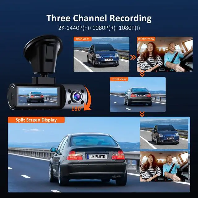 Alt view image 2 of 7 - 3 Channel Dash Cam with Rotatable Interior/Front Camera, Sony_Sensors, Front and Rear with Cabin, 4K/2K-1440P+1080P+1080P, Super Night Vision, 24H Parking Mode, GPS, WiFi, 128G SD Card Included