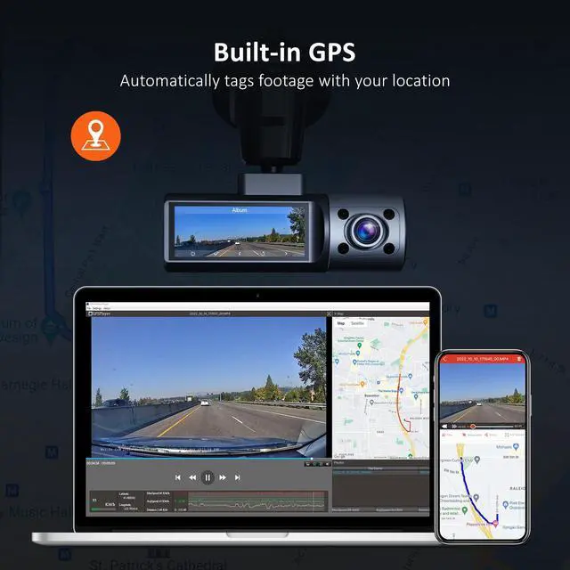 Alt view image 7 of 7 - 3 Channel Dash Cam with Rotatable Interior/Front Camera, Sony_Sensors, Front and Rear with Cabin, 4K/2K-1440P+1080P+1080P, Super Night Vision, 24H Parking Mode, GPS, WiFi, 128G SD Card Included