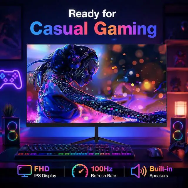Alt view image 7 of 7 - 24 Inch Gaming Monitor, FHD 1080P IPS Display, 100Hz Computer Monitor, 3ms MPRT, Built-in Speakers, HDMI & DisplayPort, VESA Mount, Low Blue Light, Flicker-Free, 16.7M Colors