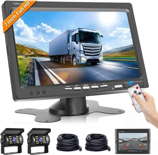Main image of Dual Backup Camera Monitor System for Truck, RVs,-7 Inch LCD Screen with 2 Cameras, IP68 Waterproof, 18IR Night Vision, Rear View Camera 4-Pin Cable for Car, Trailer/Bus/Van/Caravan (12V-24V)